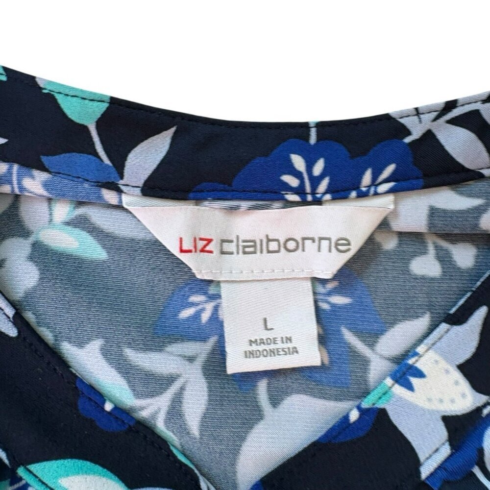 Liz Claiborne Women's Large Blue Floral Soft Stretch Work Causal Cap Sleeve Top - Picture 8 of 9